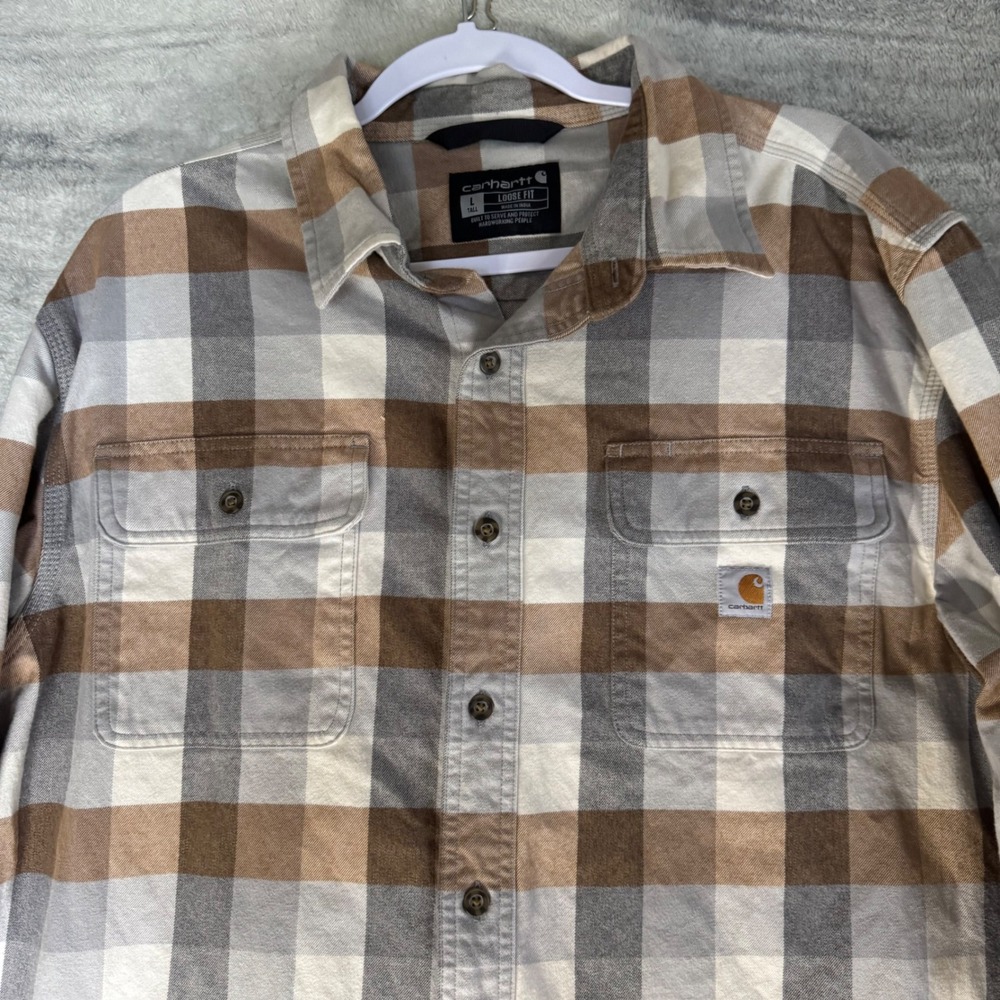 Carhartt 105078 APH Mens Large Tall Brown Plaid Loose Fit Cotton Flannel Shirt